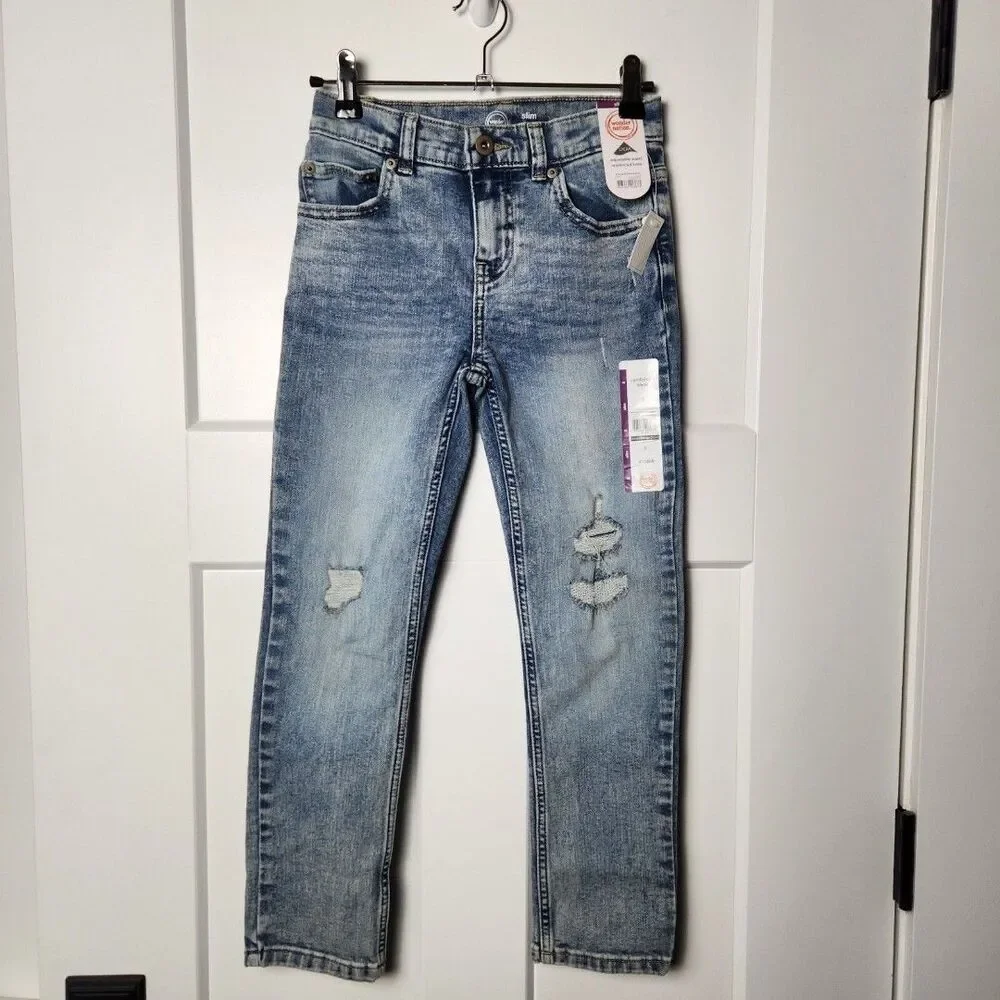 Boys Jeans Distressed Slim Stretch Adjustable Waist Sz 8 Reinforced Knee NWT